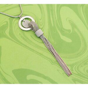 Vintage Silver Tone Tied Strips Tassel Necklace 34 inch - W20